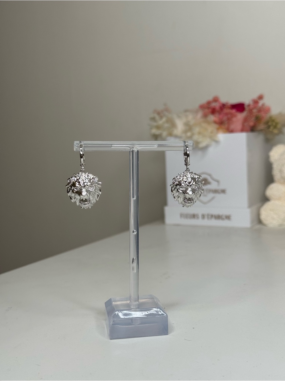 Silver Lion Head Drop Hoop Earrings